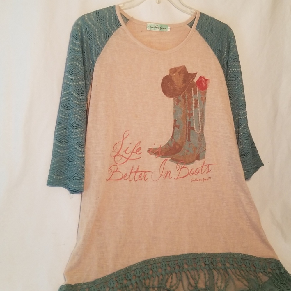 EUC Southern Grace Teal Lace Blouse Top